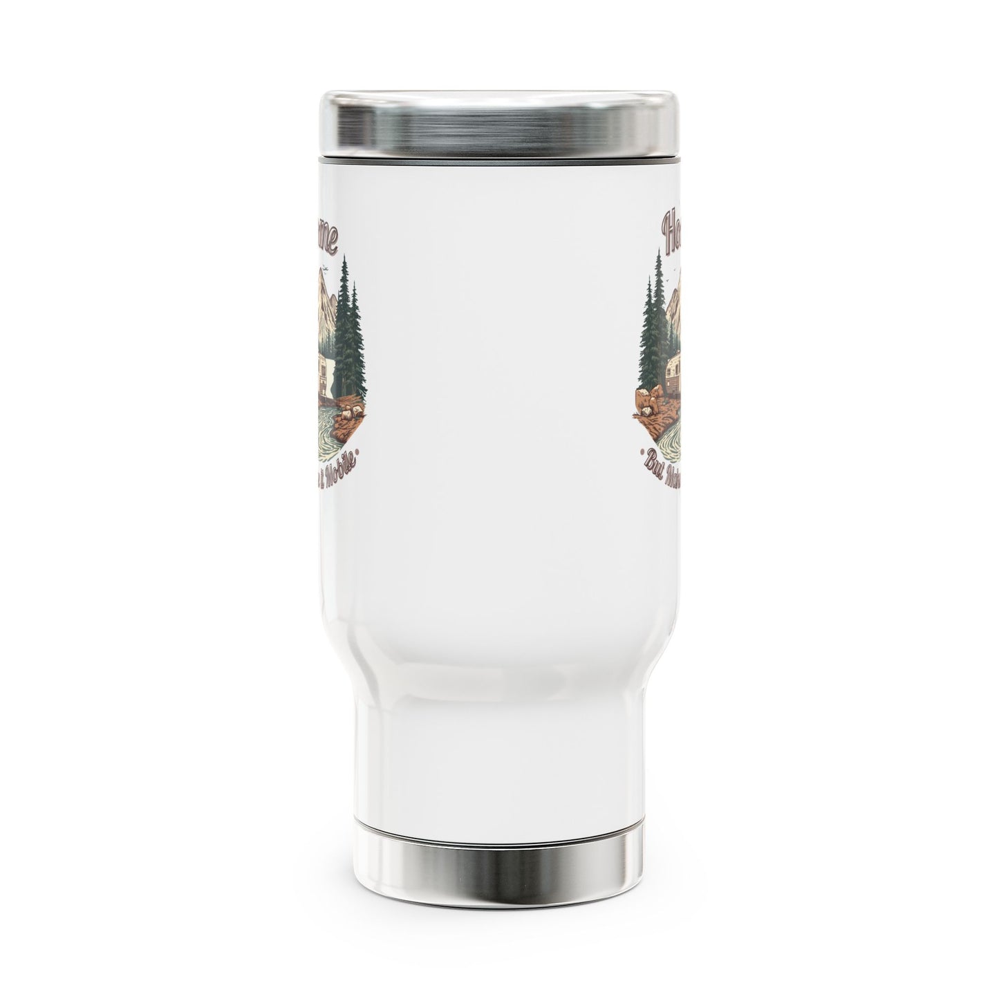 Home But Make It Mobile — Travel Trailer Travel Mug with Handle | 14oz