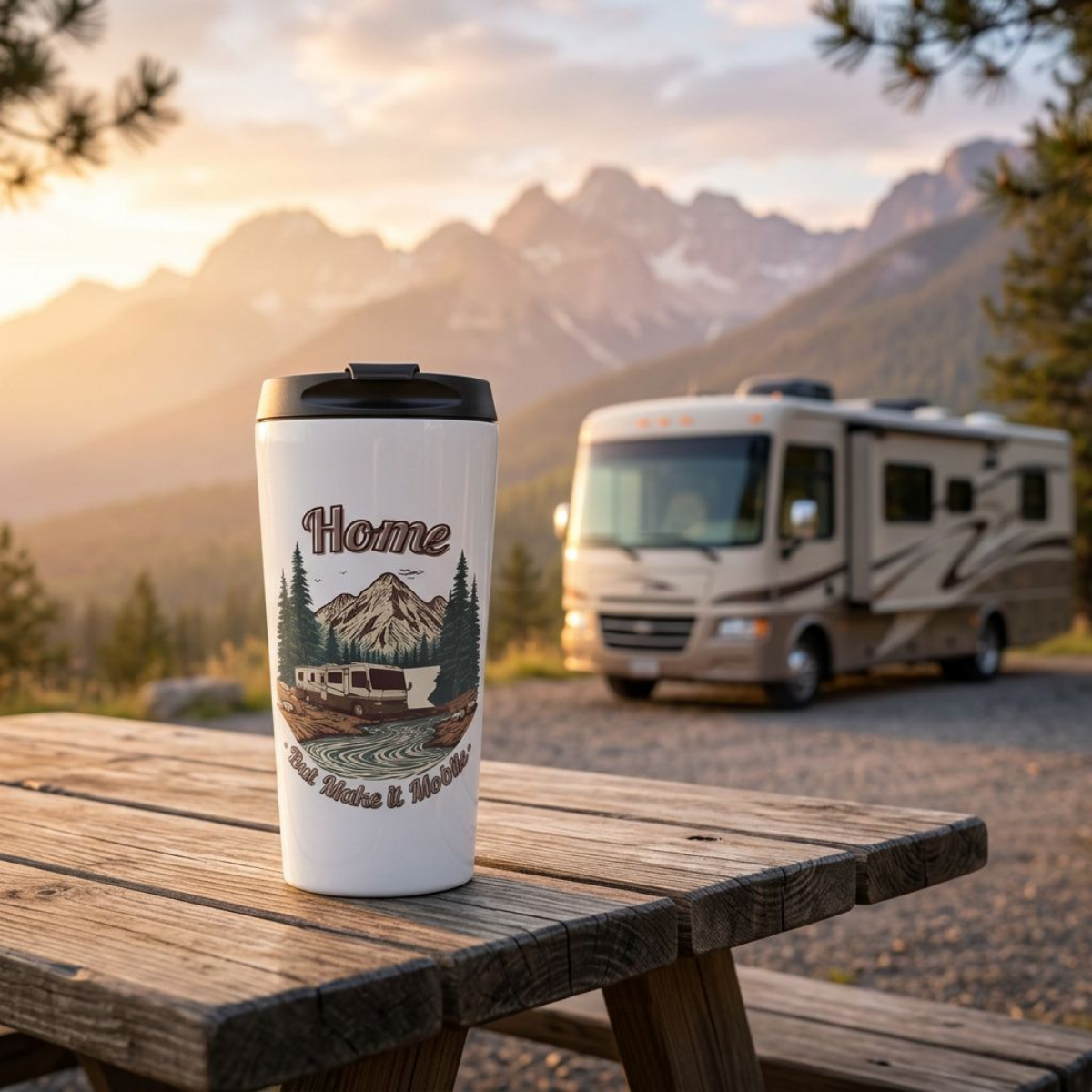 Travel Mug — 'Home But Make It Mobile' Modern A Motorhome
