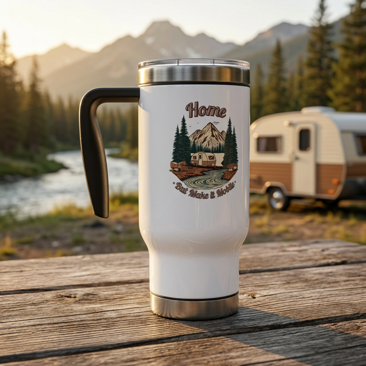 Home But Make It Mobile — Teardrop Camper Travel Mug with Handle | 14oz