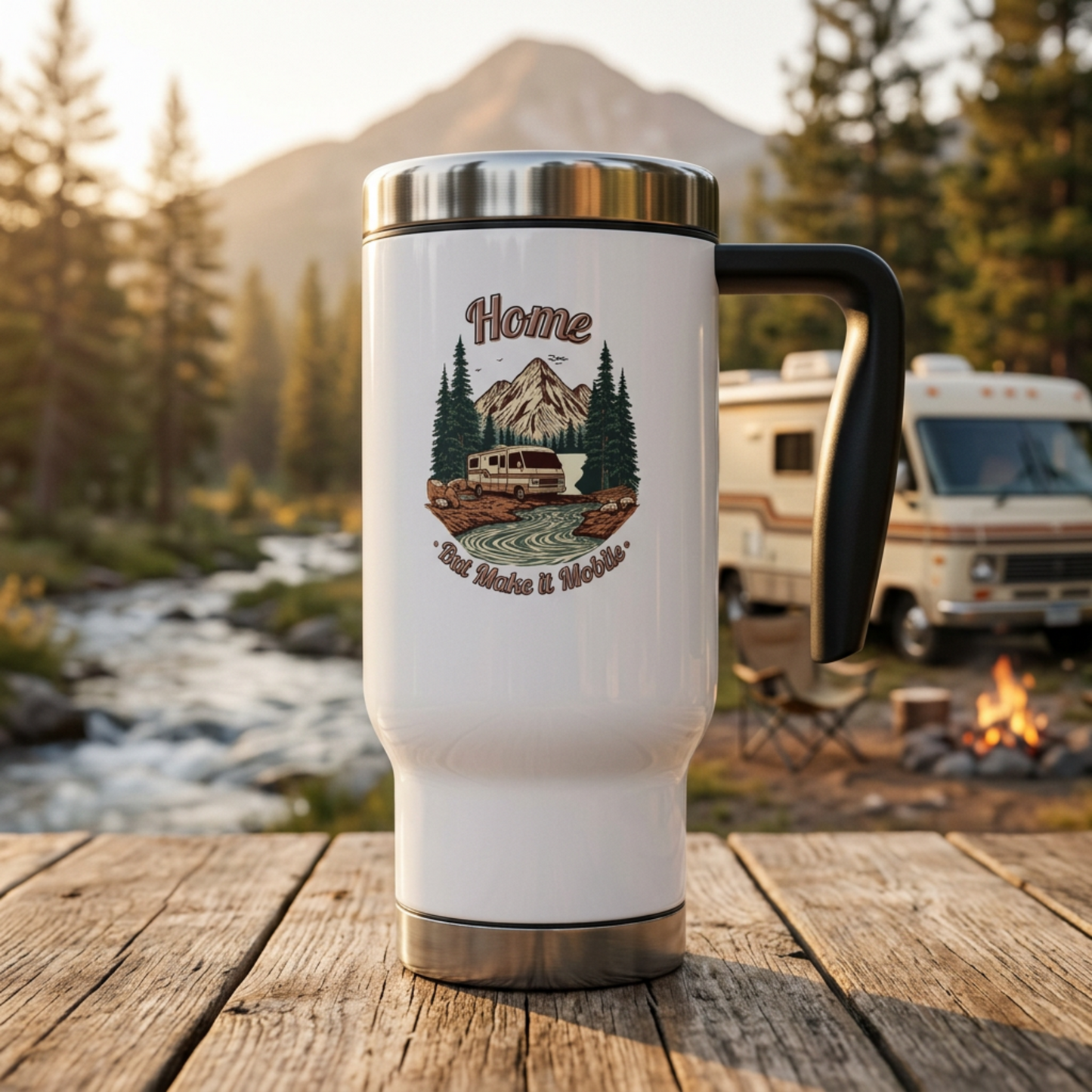 Home But Make It Mobile — Vintage Class A Motorhome Travel Mug with Handle | 14oz