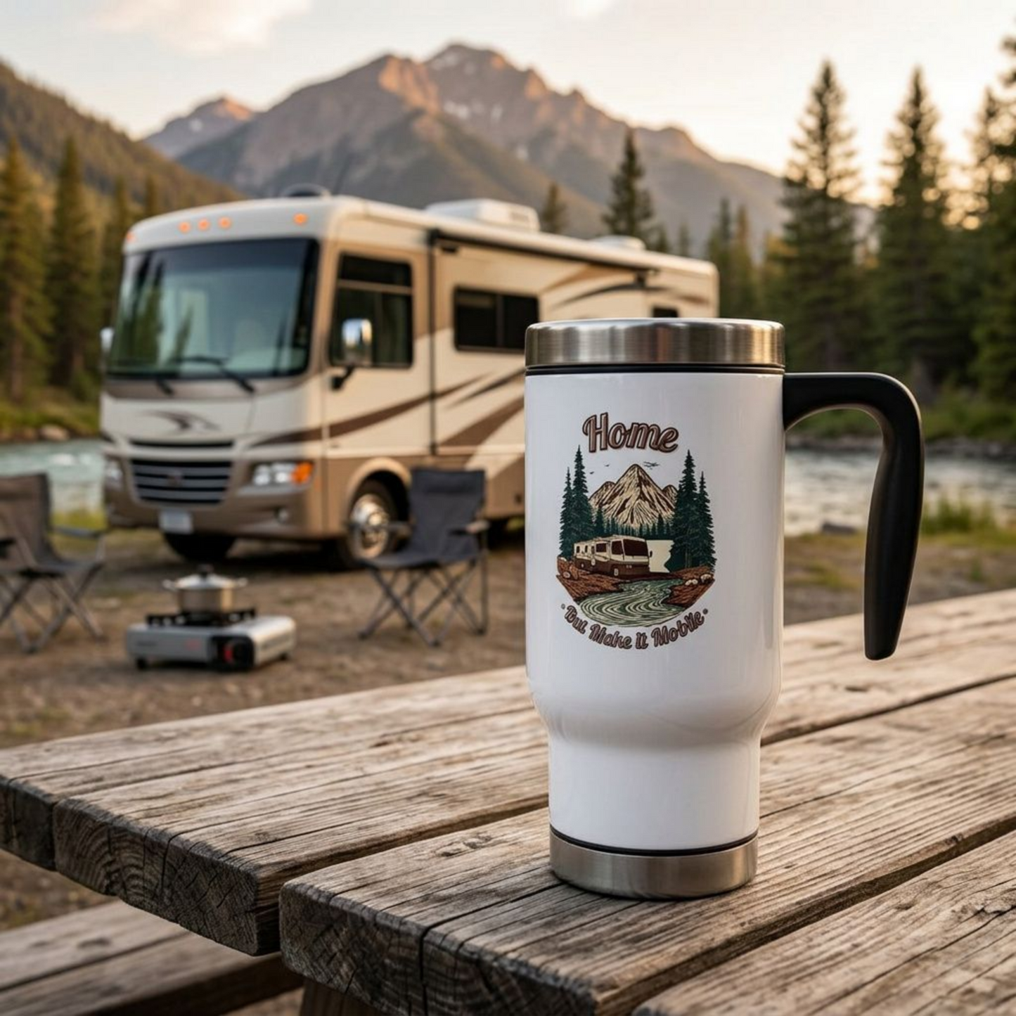 Home But Make It Mobile — Modern Class A Motorhome Travel Mug with Handle | 14oz