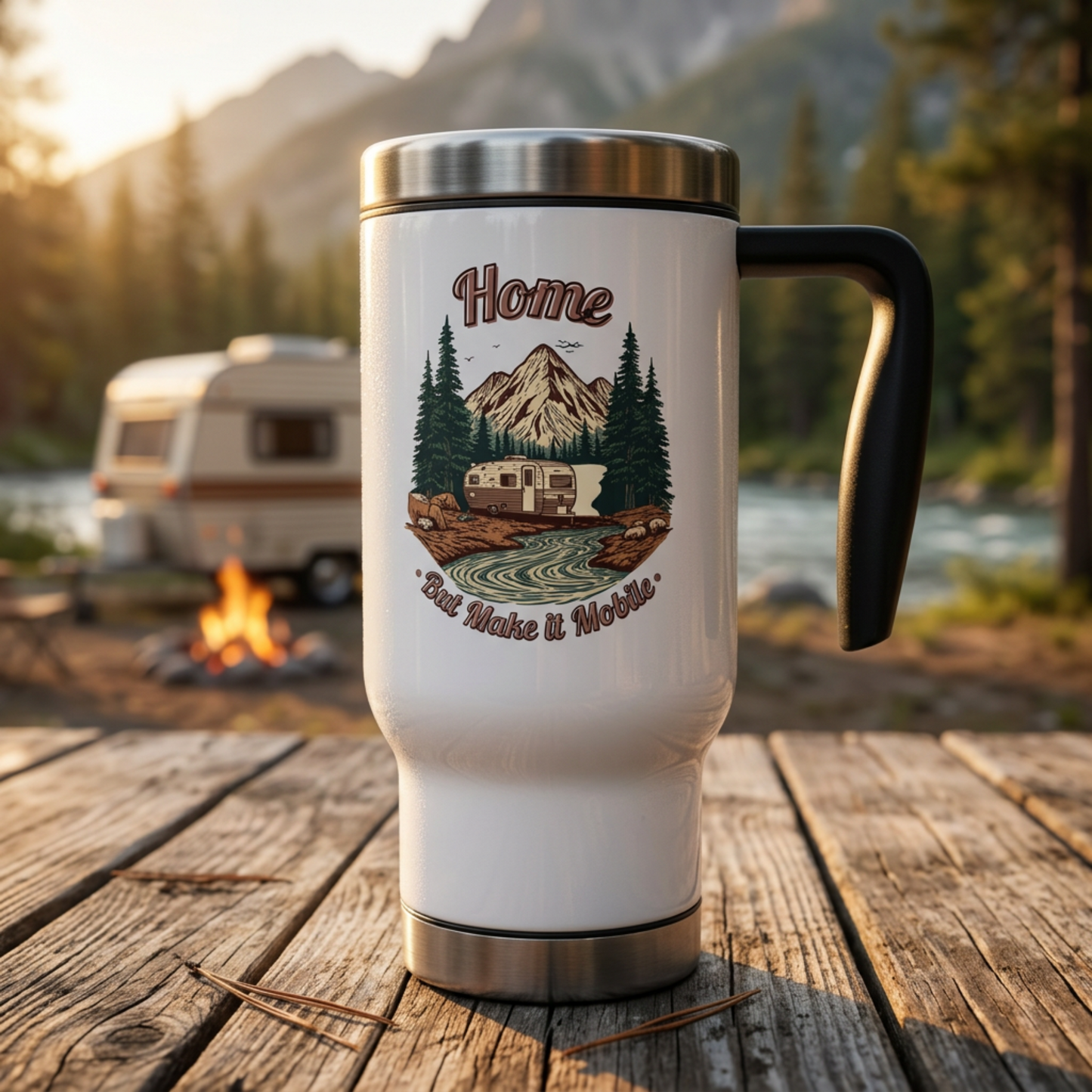 Home But Make It Mobile — Travel Trailer Travel Mug with Handle | 14oz