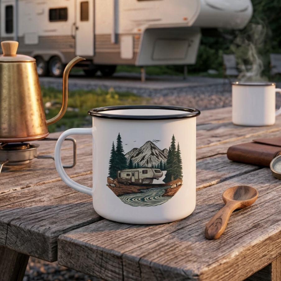 Home But Make It Mobile — 5th Wheel Enamel Camp Mug