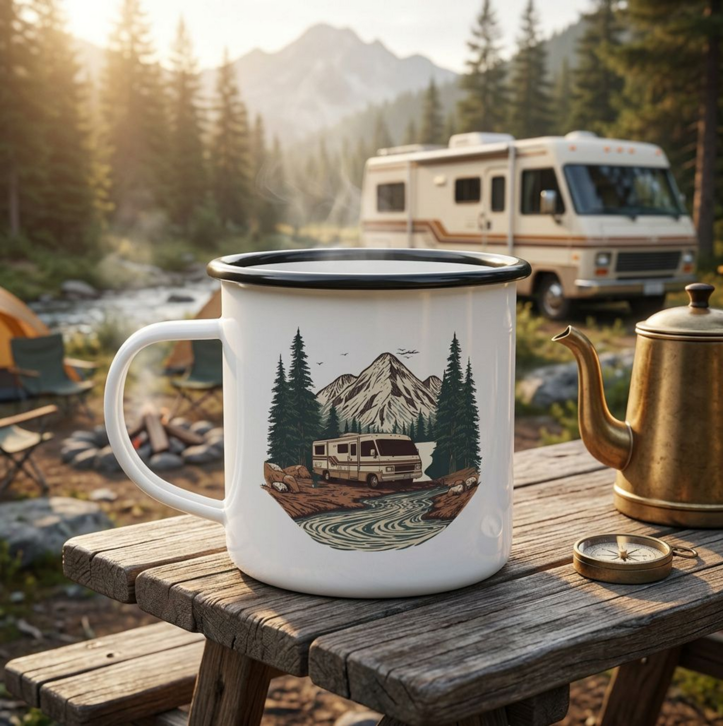 Home But Make It Mobile — Class A Retro Motorhome  Enamel Camp Mug