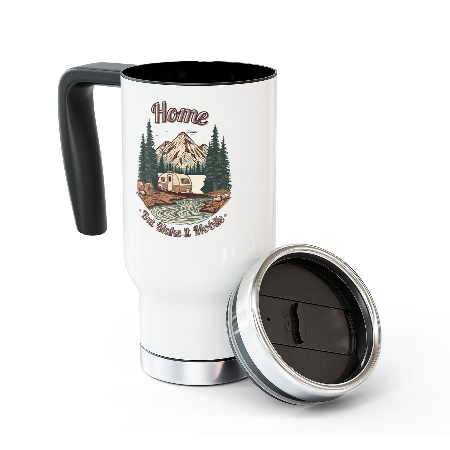 Home But Make It Mobile — Teardrop Camper Travel Mug with Handle | 14oz